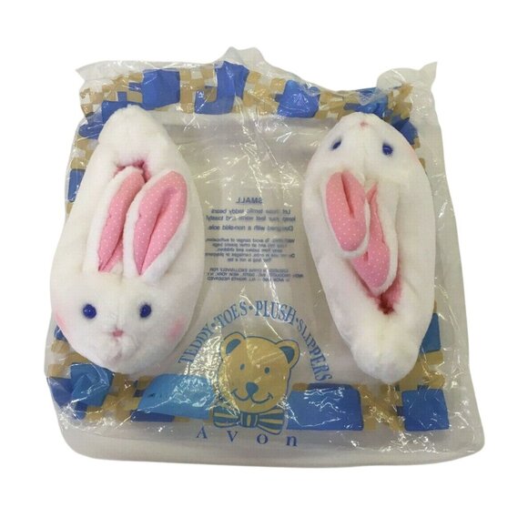 Avon Teddy Toes Plush Slippers -  White Blue Eyed Bunnies- Rabbit Slippers - SMA - Picture 3 of 5